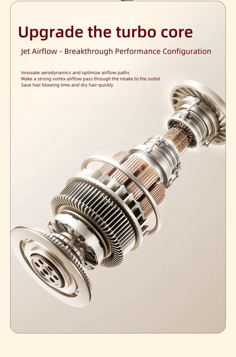 Gold 2200W hair dryer turbo motor core showing powerful vortex airflow design for fast, silent professional drying.