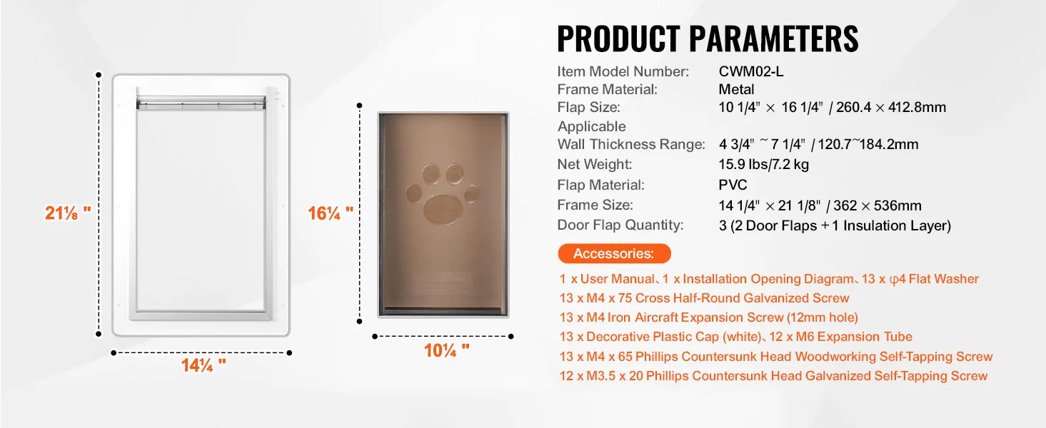 SucceBuy weatherproof metal dog door with 3-flap system and lock for easy wall installation. Dimensions included.