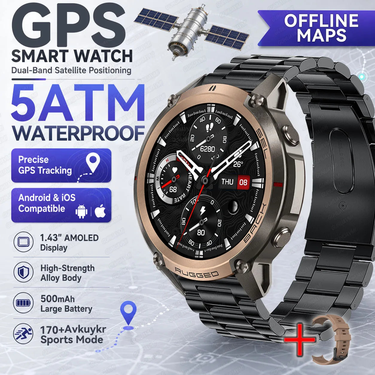 New Outdoor Sport GPS Position Smart Watch Men 1.43'AMOLED 170+Sport Mode 5ATM Waterproof Heart Rate Fitness Tracker Bracelets
