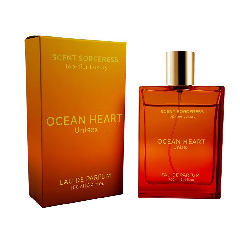 Scent Sorceress Ocean Heart 100ml Unisex Eau de Parfum, luxury rectangular orange glass spray bottle perfume.