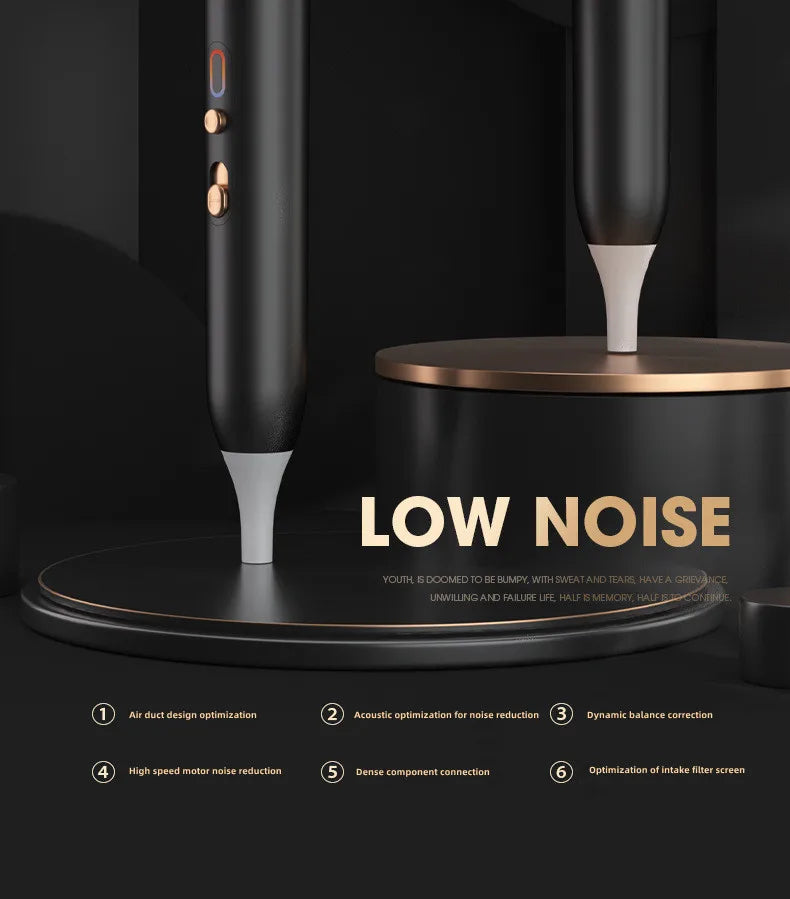 Black professional 2400W high-speed hair dryer with gold buttons and silent noise-reduction air duct technology.