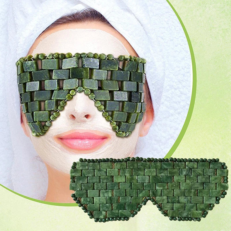 Woman wearing a natural green jade stone eye mask for cooling therapy, relaxation, and facial skin care.