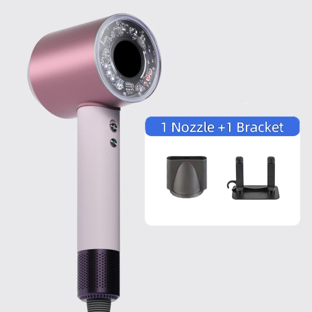 Pink negative ion leafless hair dryer with nozzle attachment and wall bracket for professional quick-dry hair styling.