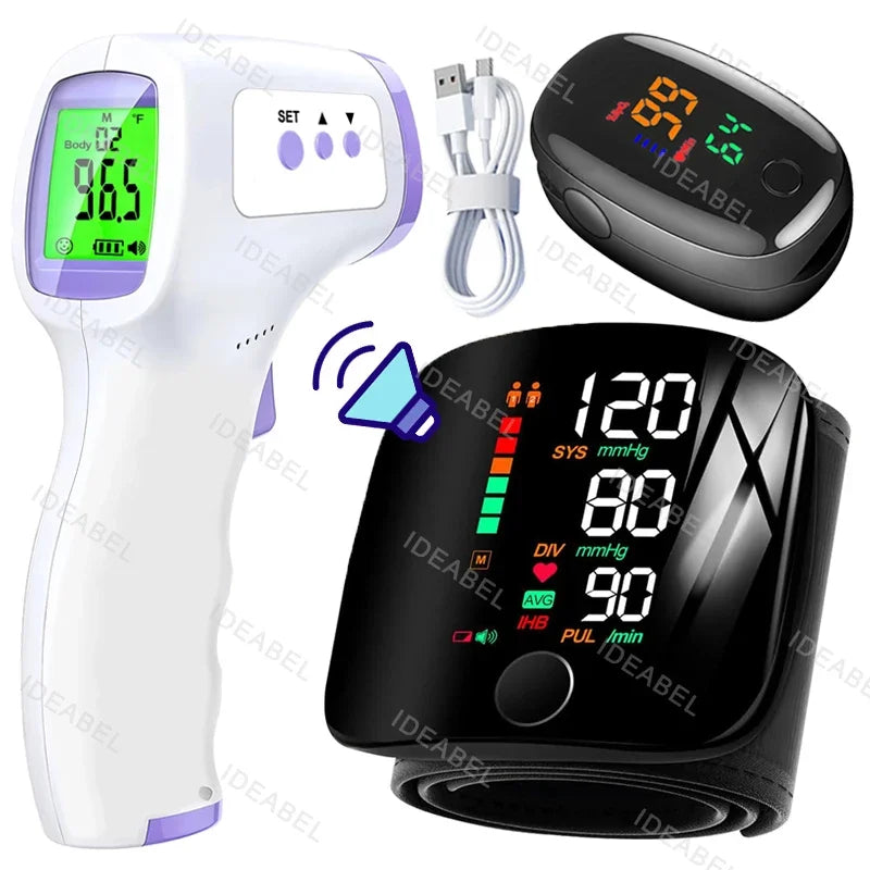 New LED Wrist Blood Pressure Monitor English Voice Broadcast Sphygmomanometer Tonometer BP Monitor Forehead Digital Thermometer