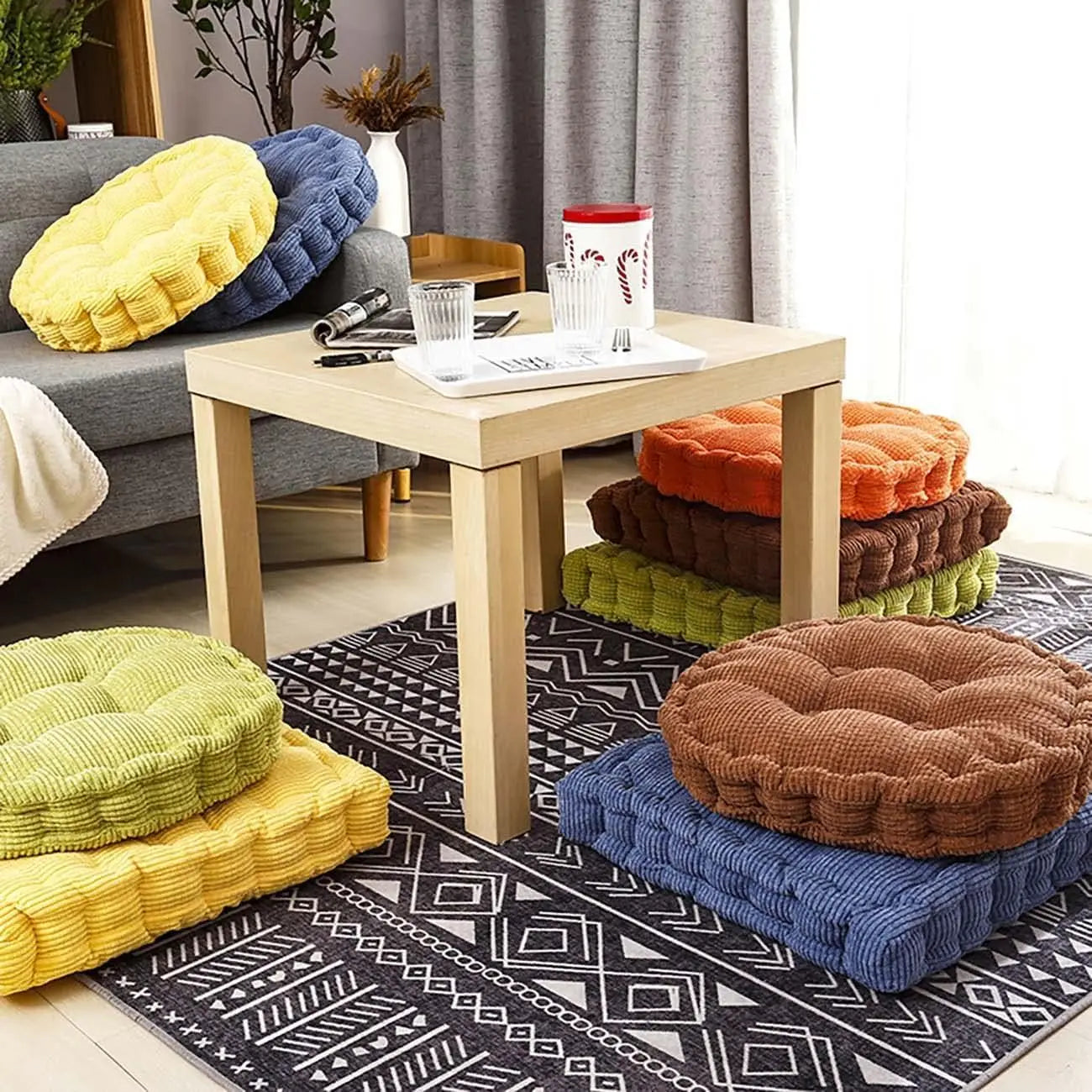 Meditation Floor Square Round Pillow For Seating Tufted Thick Pad Corduroy Cushion For Yoga Balcony Chair Seat Cushions Blue