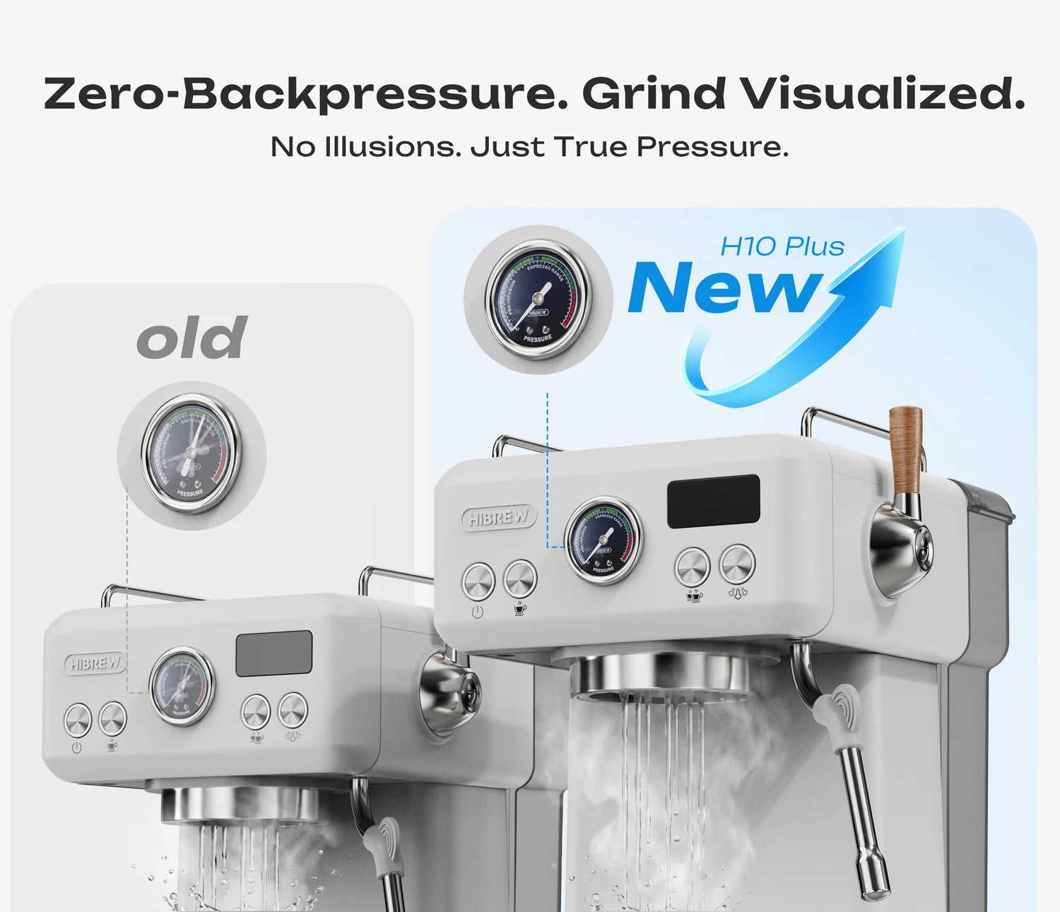 HiBREW H10 Plus white espresso machine with pressure gauge, steam wand, and wood-accented lever handle.