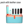 5-in-1 turquoise and pink hair styler set with curling barrels, hot air brush, and leather storage travel case.