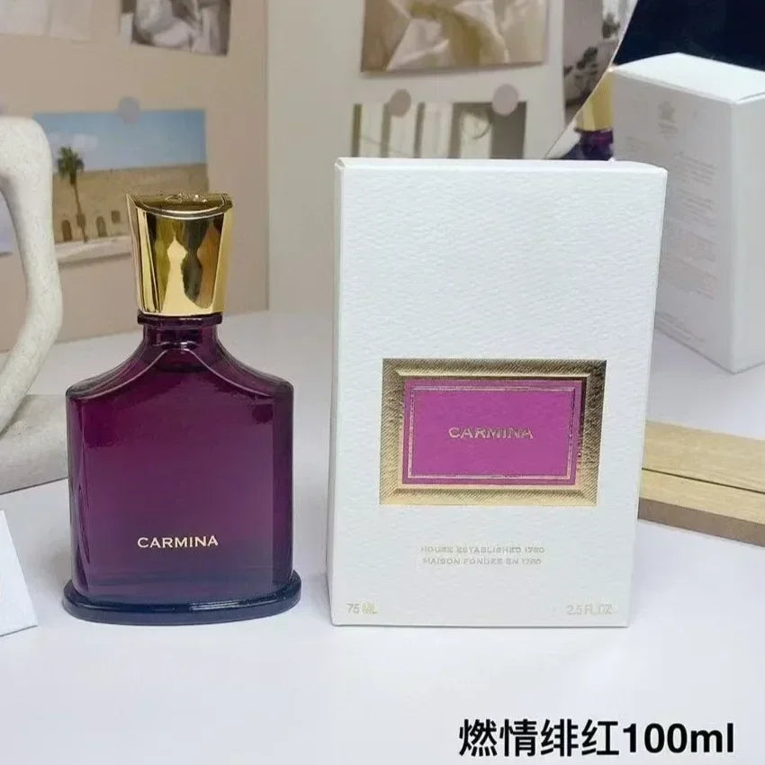 Creed Carmina 75ml EDP for women. Elegant purple glass bottle with gold cap and white box. Floral luxury perfume.