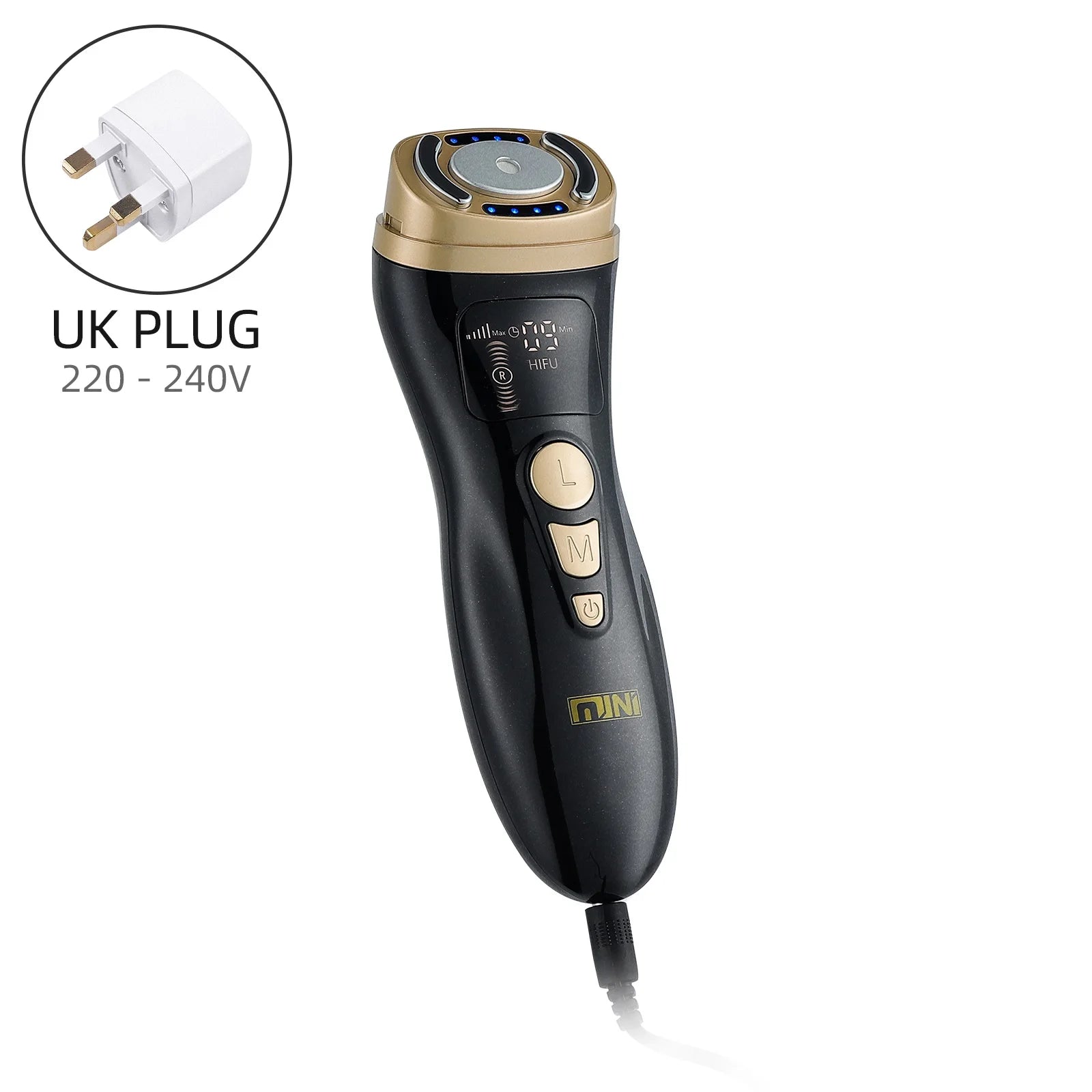 Black and gold mini HIFU facial device with a digital display, three control buttons, and a UK plug power adapter.