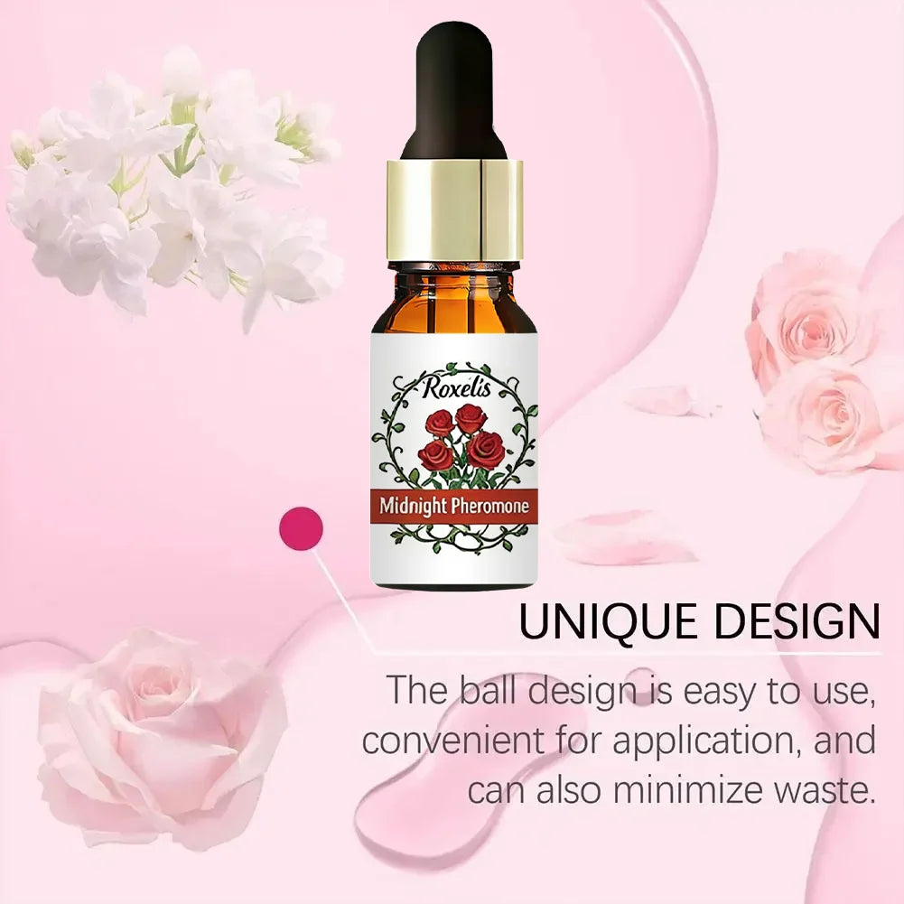 Roxelis Midnight Pheromone perfume, floral rose scent, unisex dropper bottle, long-lasting attraction fragrance oil.