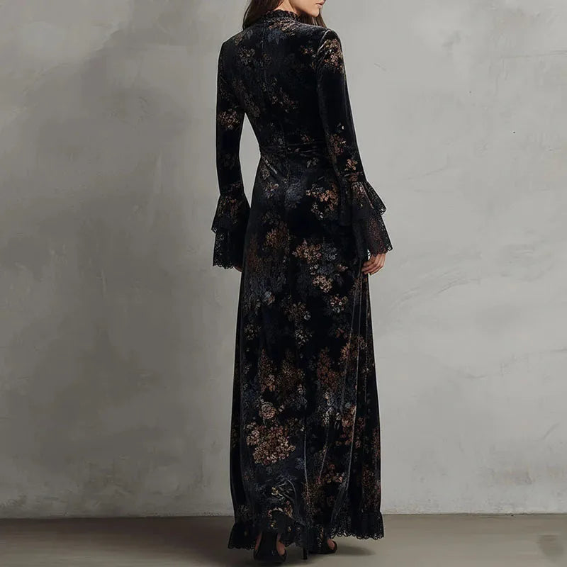 Retro New Floral Print Velvet Long Dresses Woman Sexy O Neck High Waist Evening Dress Autumn Long Sleeve Spliced Lace Maxi Dress