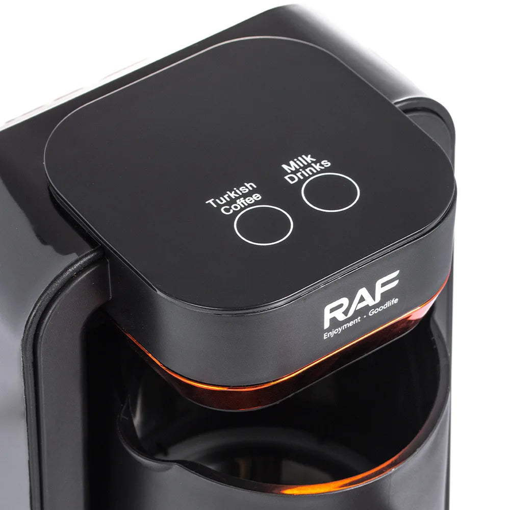 Black RAF Turkish coffee and milk drink maker with touch control panel and orange accent light.
