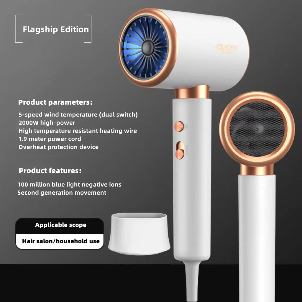 White and rose gold high-speed hair dryer with blue light ionic tech, nozzle attachment, and pro-grade motor.