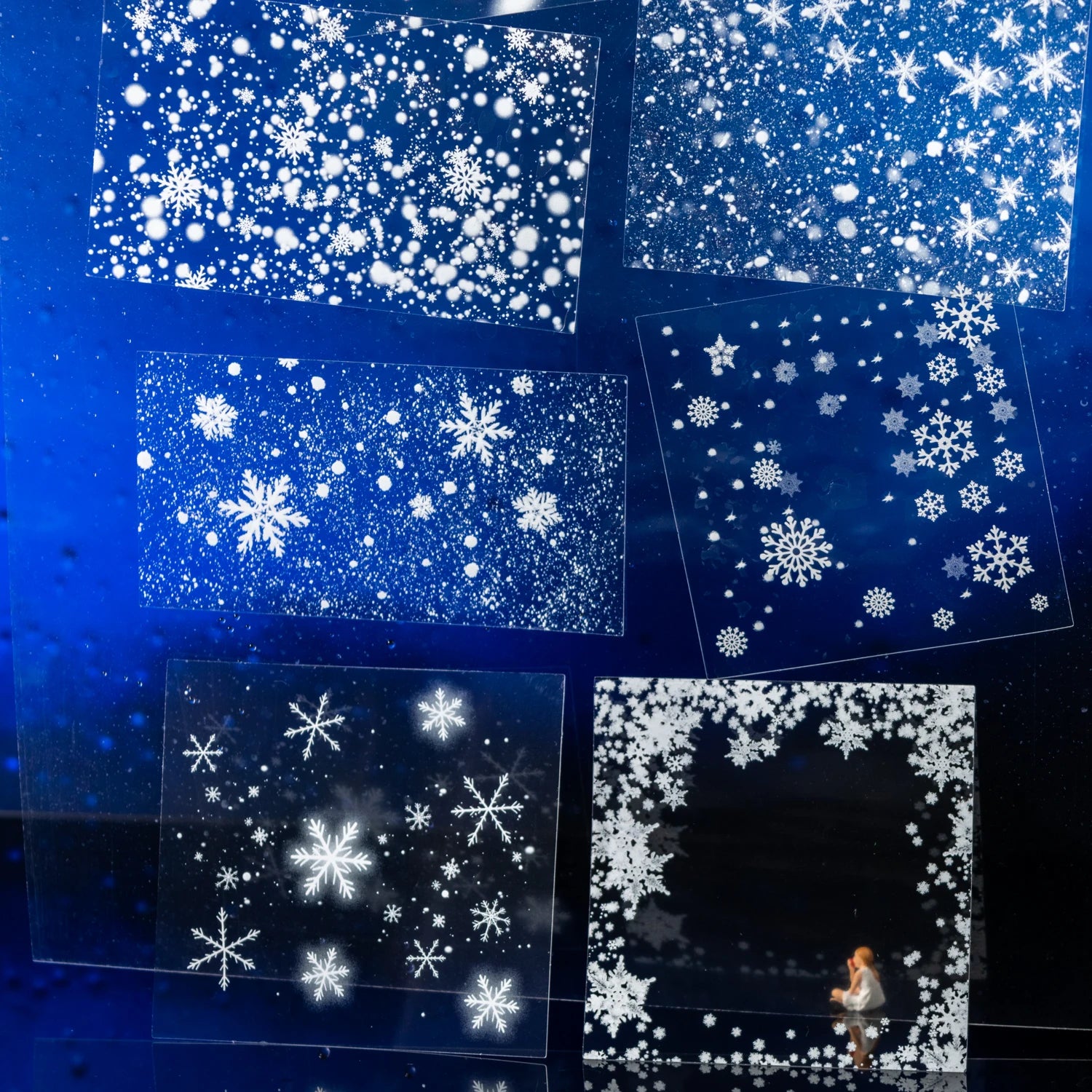 20pcs retro snowflake PET stickers for aesthetic journal, diary, and scrapbook DIY projects in clear, winter-themed design.