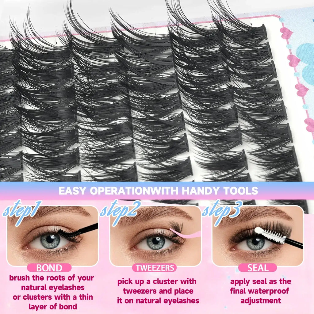 Tidesmit DIY individual black cluster lashes with a three-step visual guide on how to apply using bond, tools, and seal.