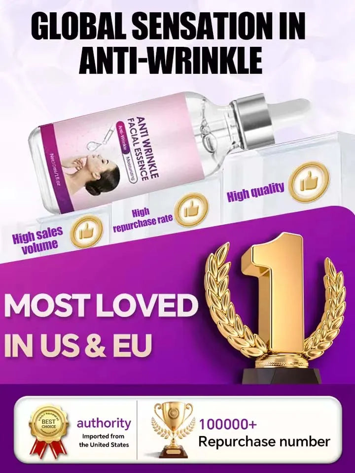 Anti-wrinkle facial essence serum in a clear dropper bottle for firm, elastic skin to reduce sagging and aging signs.