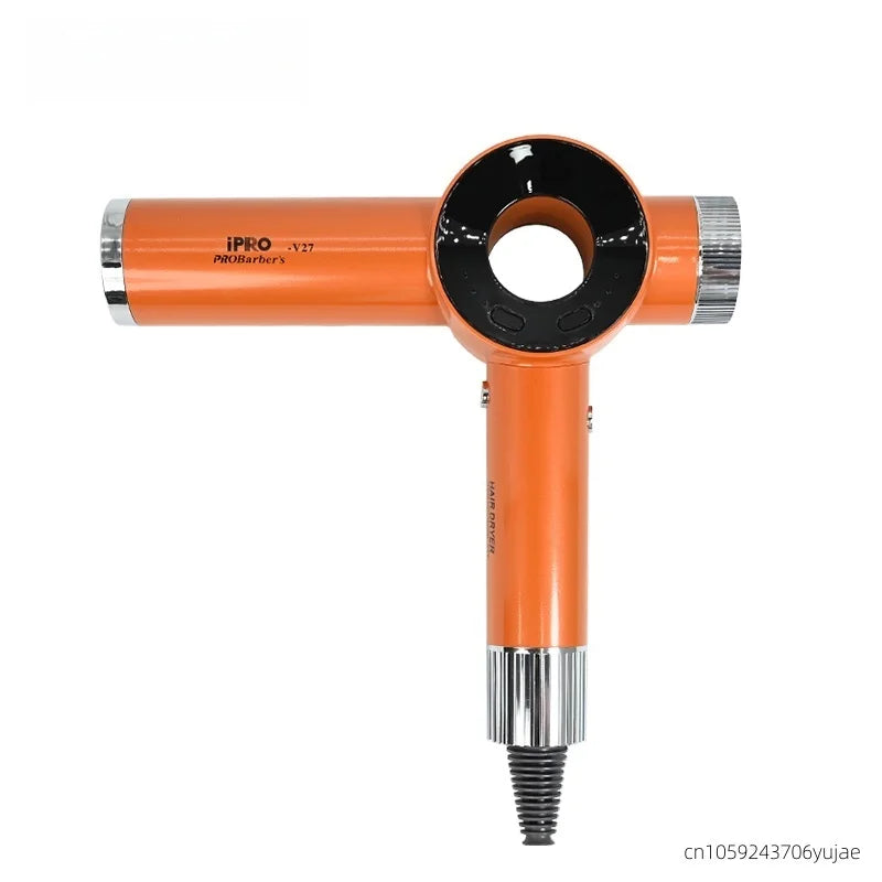 Orange iPRO V27 high-speed bladeless hair dryer with 120,000 RPM motor, professional sleek design and chrome accents.