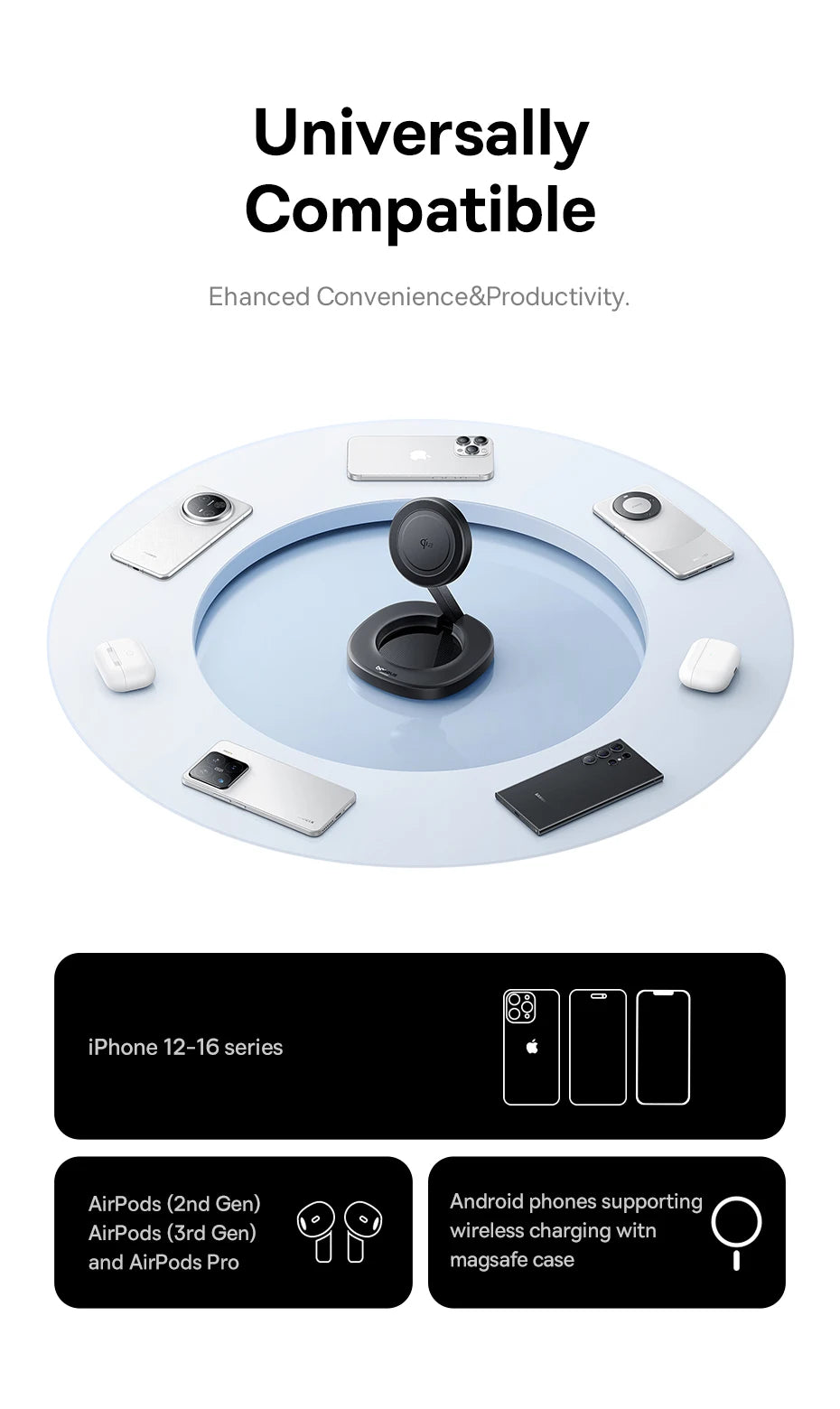 15W Magnetic Wireless Charger Stand, Foldable Qi2 for iPhone 16 Series Tidesmit