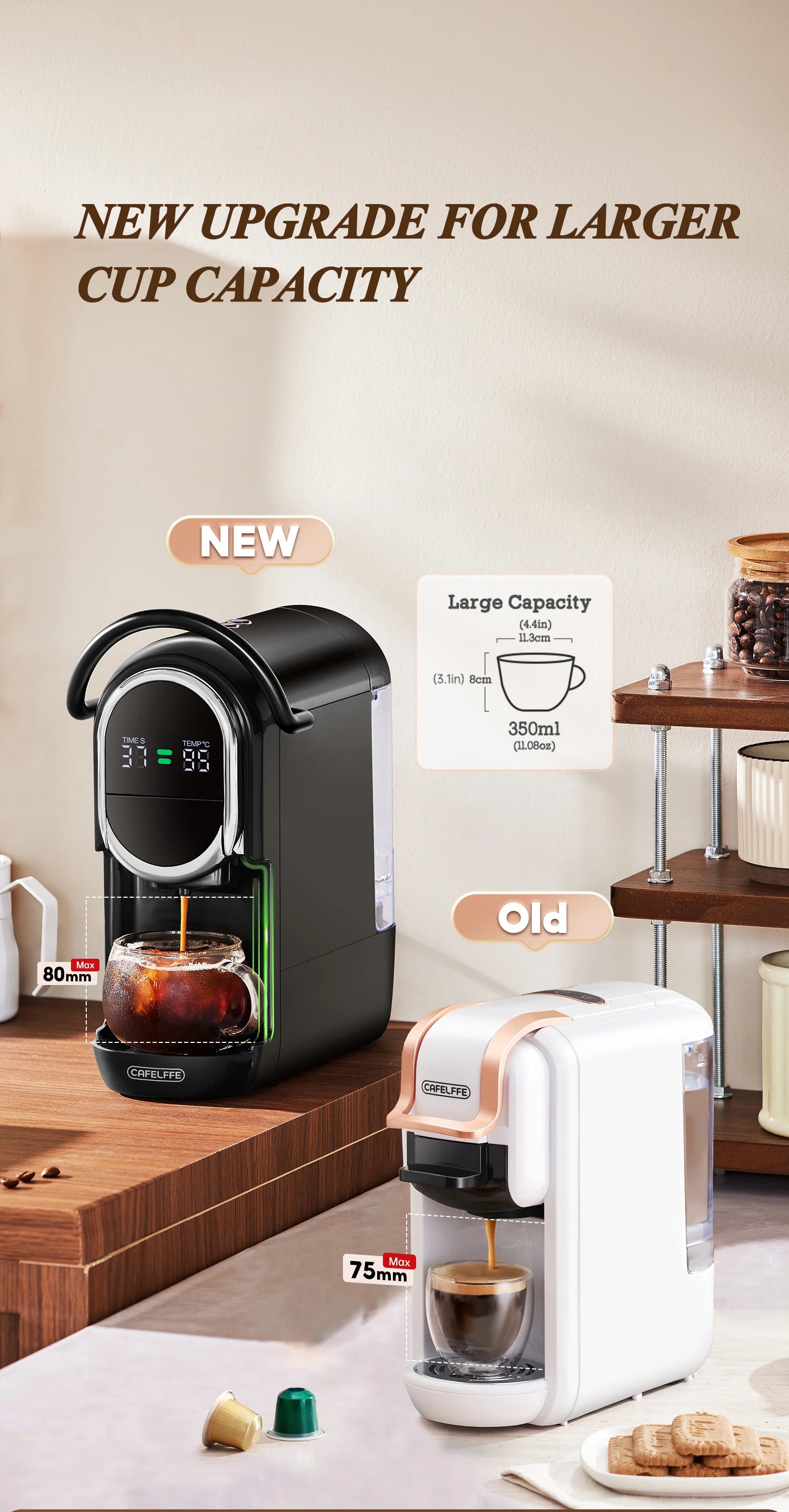 Cafelffe black coffee machine with digital display and 350ml cup capacity, comparing upgraded size to old white model.
