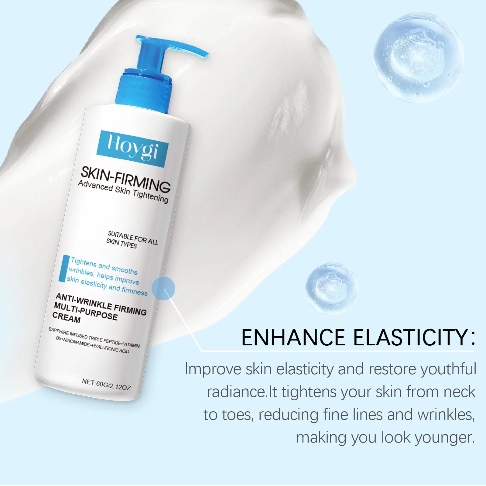 Hoygi skin-firming cream bottle with blue pump and white splash effect