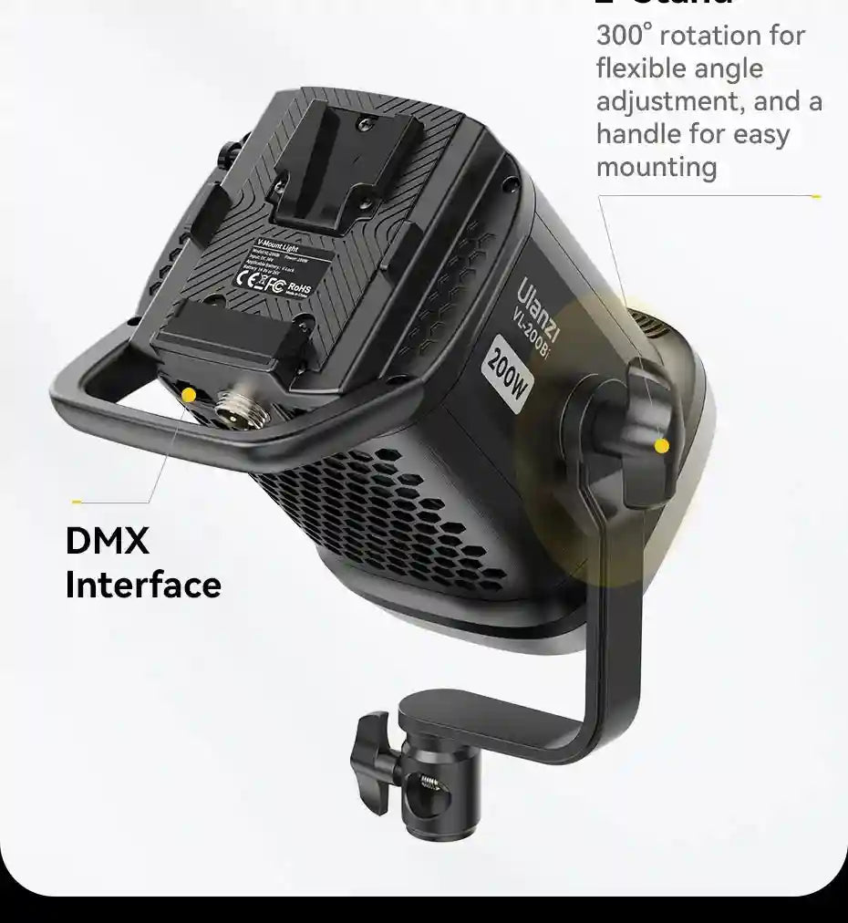 Black 200W LED studio light with V-mount battery plate, rotating handle, and DMX interface for professional lighting.