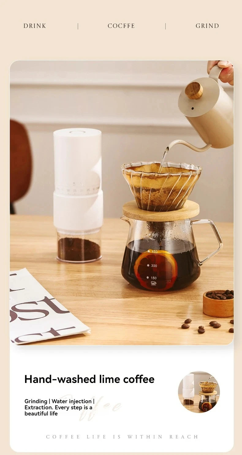 Pour-over coffee maker set with glass carafe, wooden lid, and pour-over dripper with white electric coffee grinder.