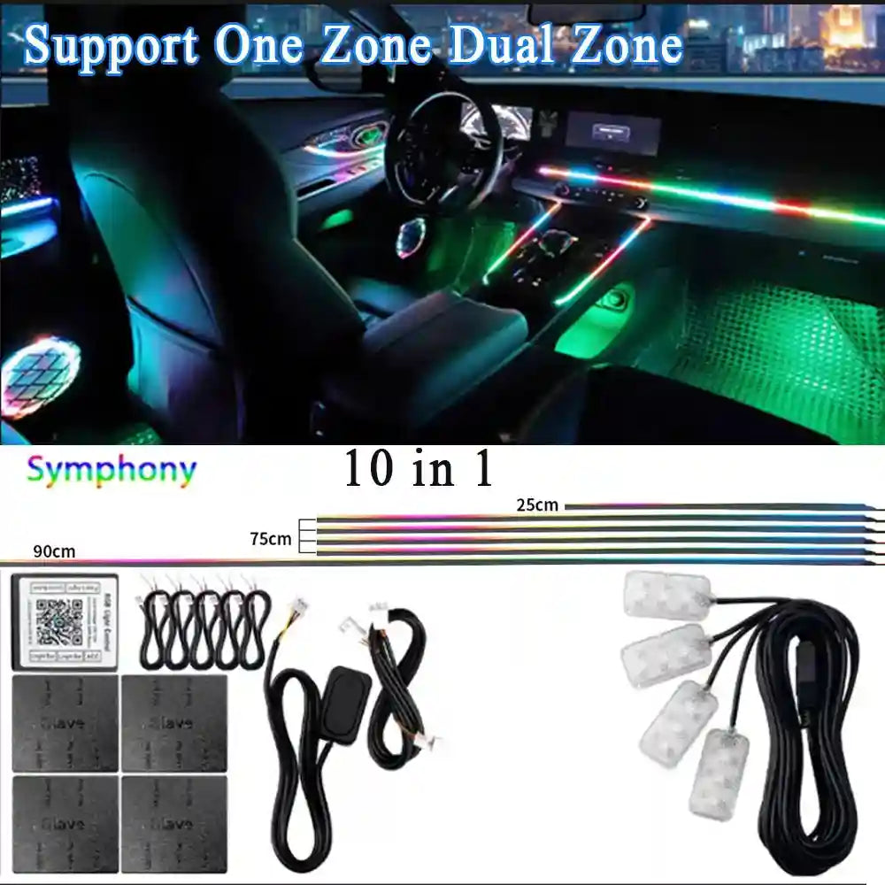 LED Car Ambient Lights: 10-in-1 RGB Bluetooth App-Controlled Interior Kit Dual zone 10 in 1 Tidesmit