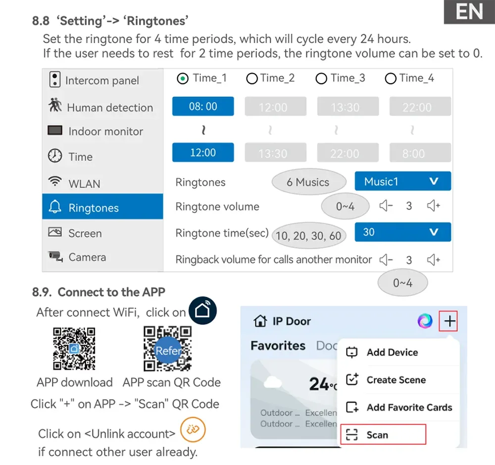 WiFi intercom ringtones and app setup guide with schedule times and add device screen