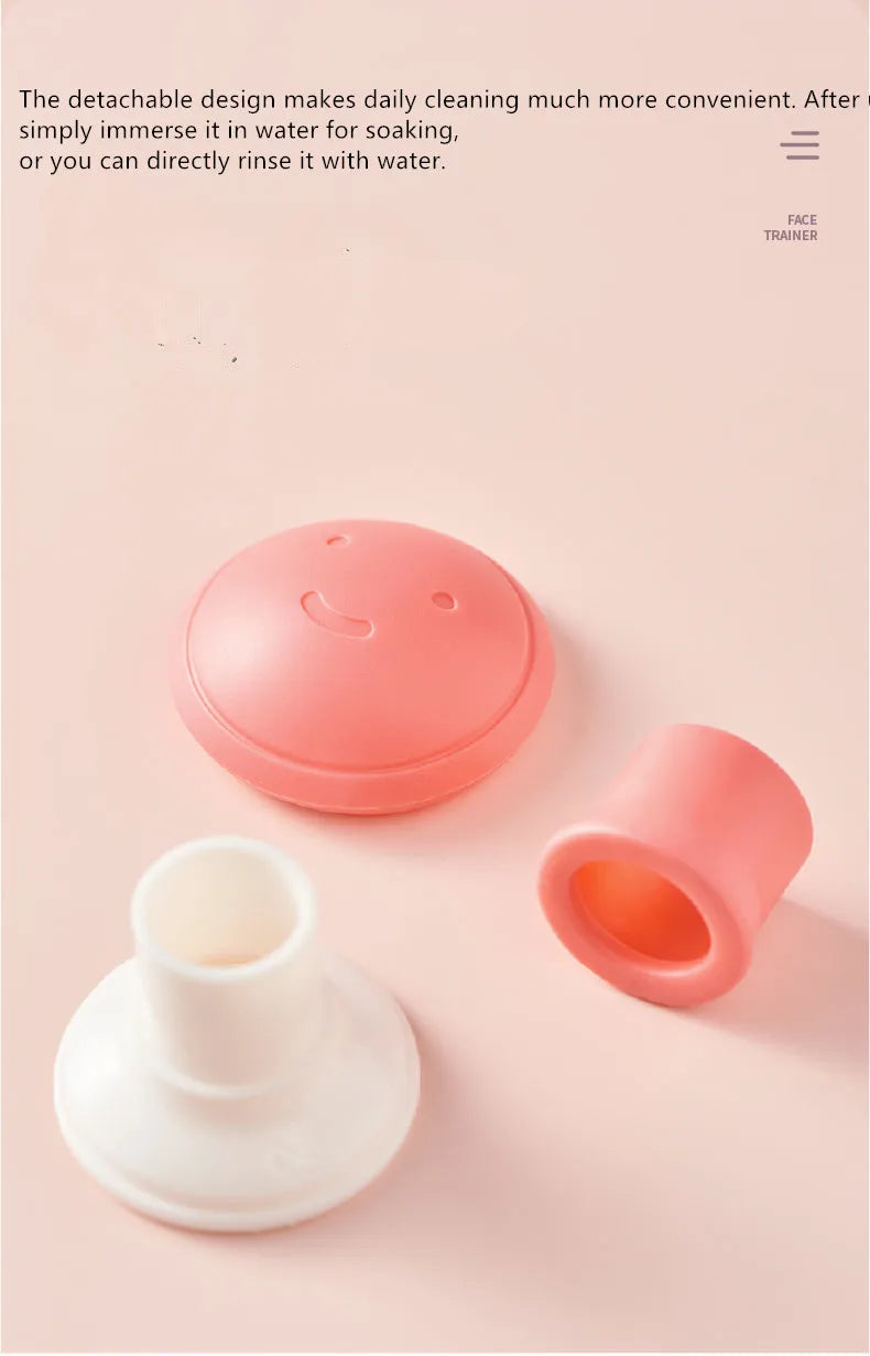 Silicone face-lifting tool components: a pink smiley-face lid, a pink mouthpiece, and a white base on a pink background.