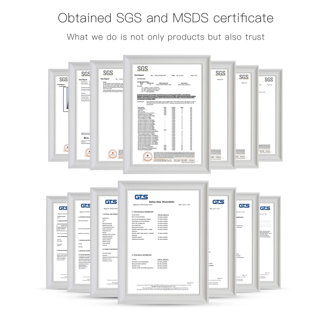 Multiple white-framed SGS and MSDS test reports and safety data sheets arranged in two rows.