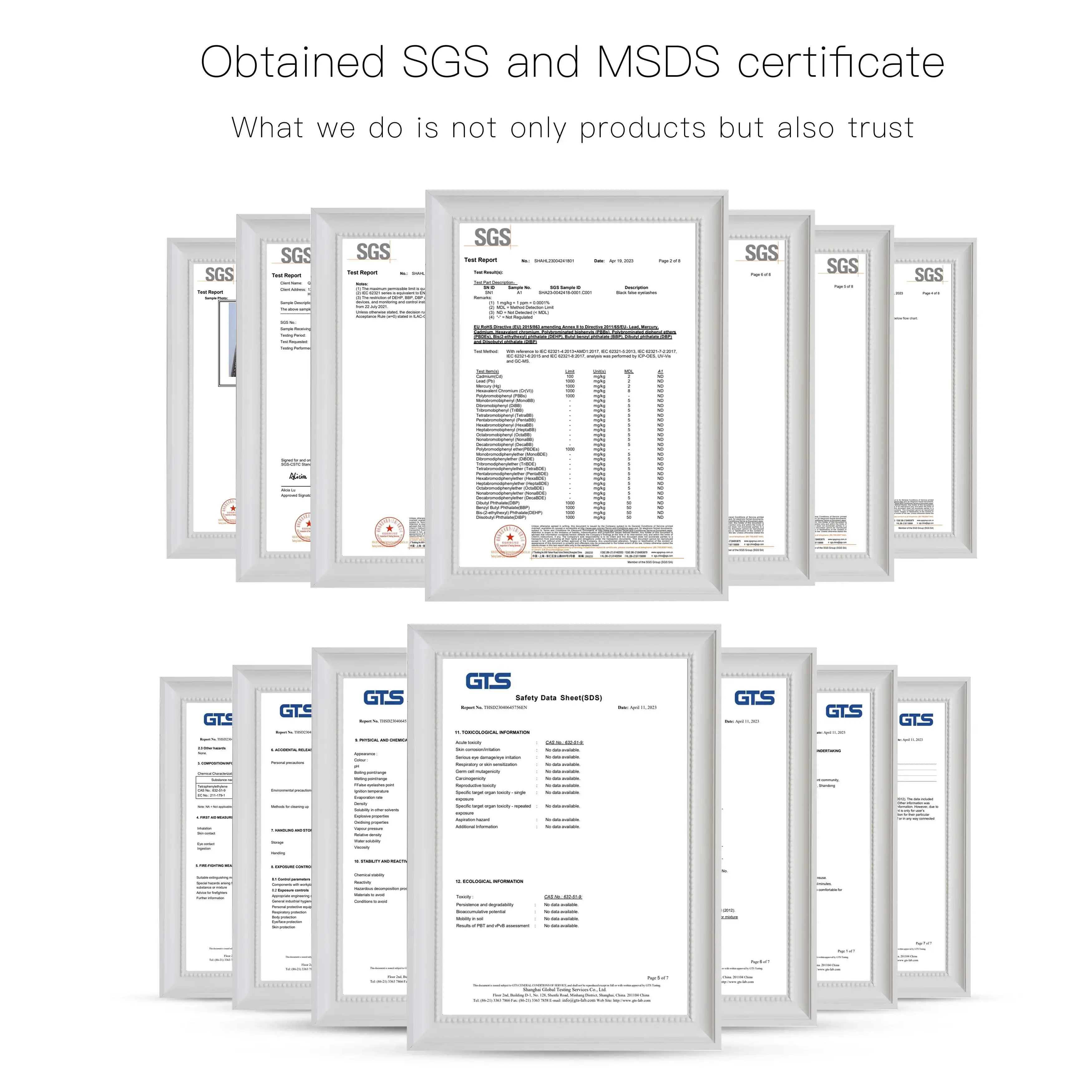 Multiple white-framed SGS and MSDS test reports and safety data sheets arranged in two rows.