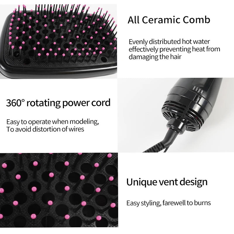 Black hot air hair dryer brush with ceramic comb, 360° rotating cord, and vented design for easy hair styling.