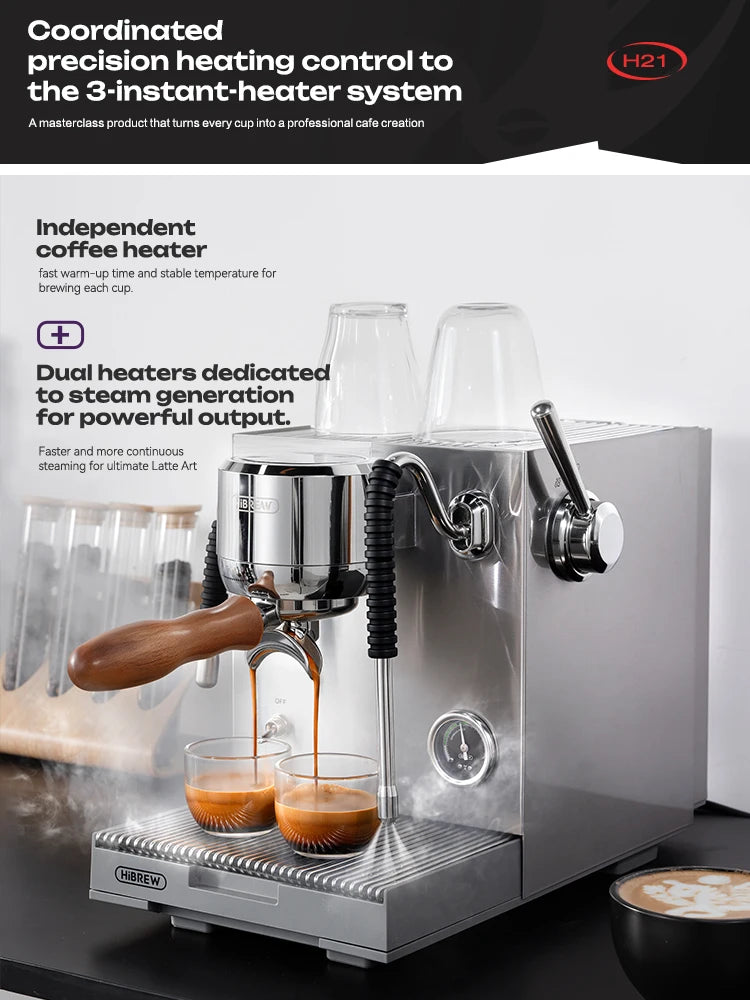 HiBrew H21 stainless steel espresso machine with wood handle portafilter, dual heaters, and pressure gauge.
