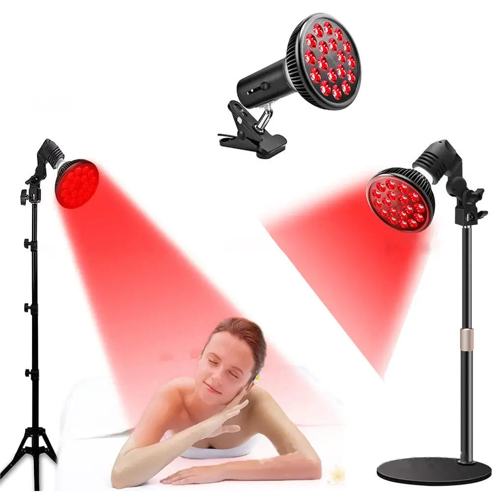 Red light therapy lamp with adjustable stand and clip for face, skin health, and muscle pain relief, 660nm and 850nm.
