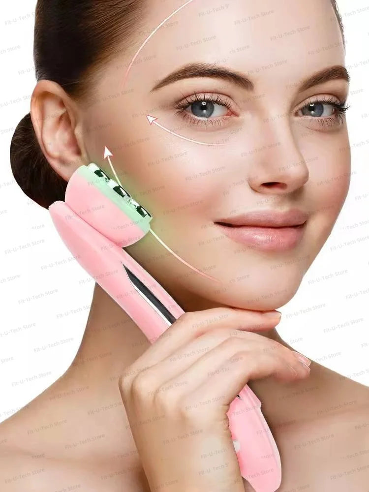 A person using a pink, handheld EMS facial lifting device with green LED light on their jawline for skin rejuvenation.