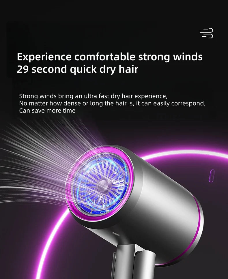 2400W foldable silent hair dryer, silver finish with purple LED ring light for fast, professional hair drying.