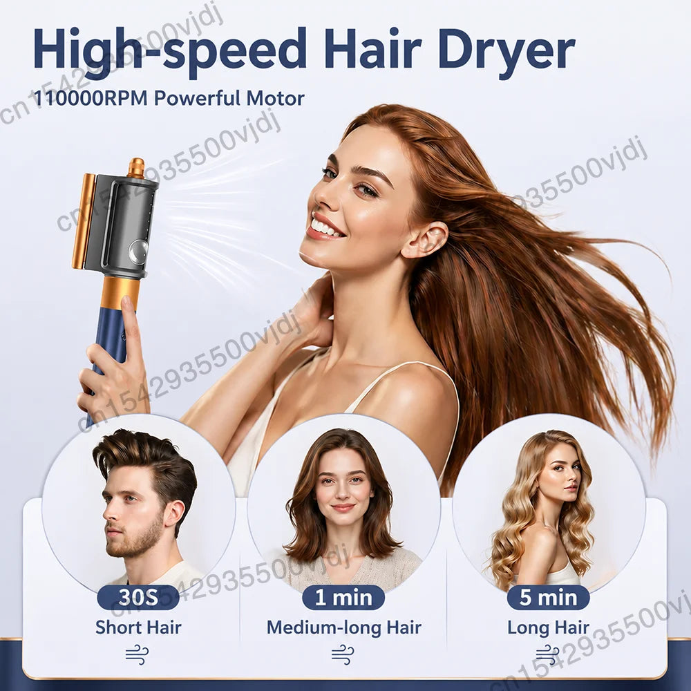 7-in-1 high-speed ionic hair dryer and curling iron set in blue and gold for fast, professional styling.