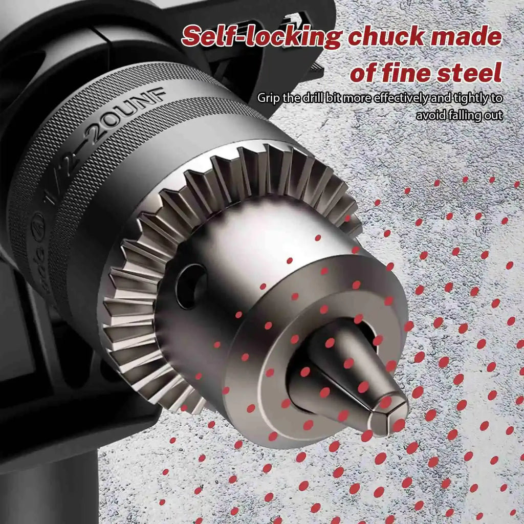 Keyless drill chuck with fine-steel gear teeth and metal drill bit
