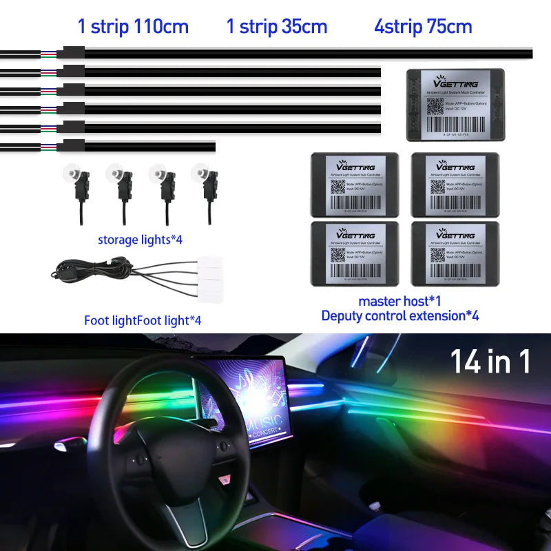 14-in-1 car ambient LED light kit with control modules, foot lights, and LED strips for interior vehicle lighting.