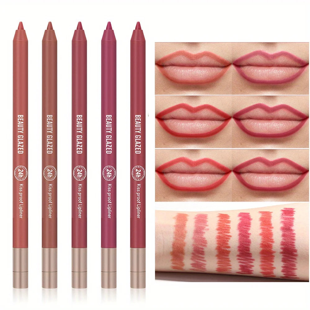 Beauty Glazed matte waterproof lip liner set in various shades with swatch demonstrations on lips and arm.
