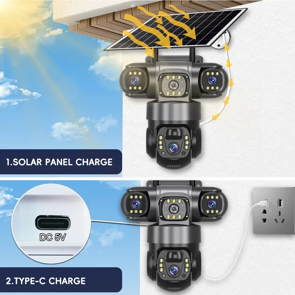 8K HD Solar Security Camera WiFi Wireless Outdoor Dual Lens Solar IP Camera PIR Human Detection Night Vision Battery CCTV Camera