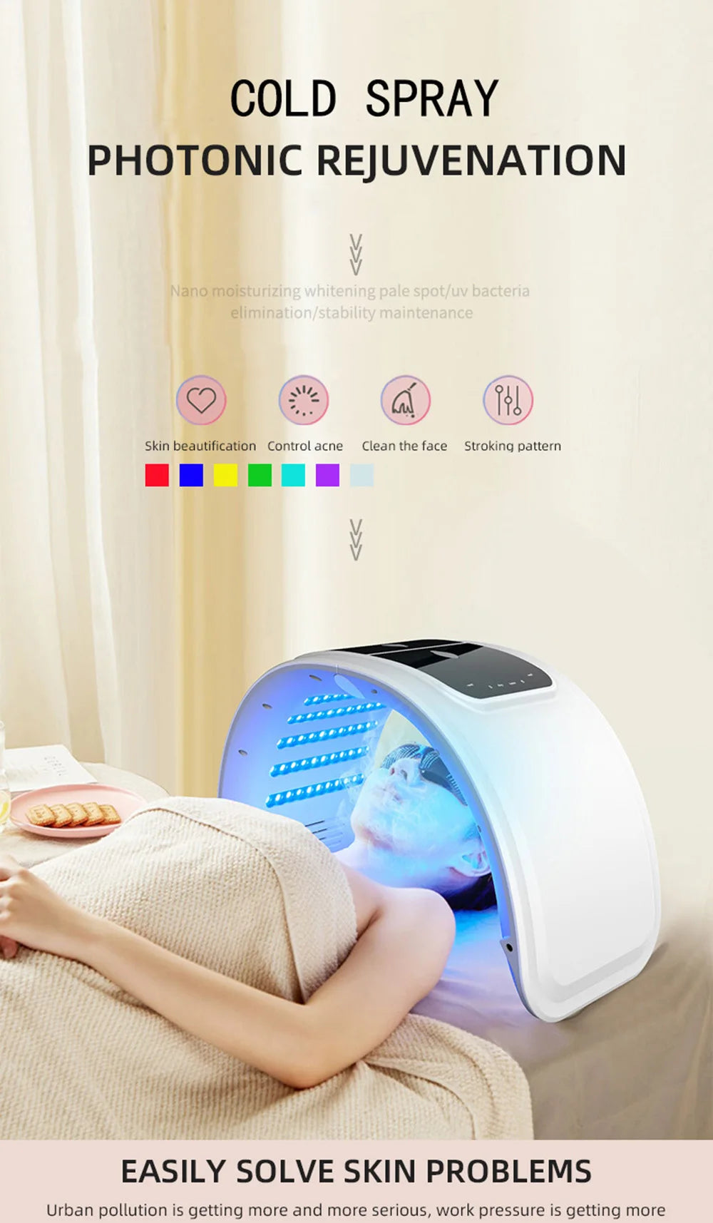 White arched LED facial therapy device emitting blue light over a person lying on a bed.