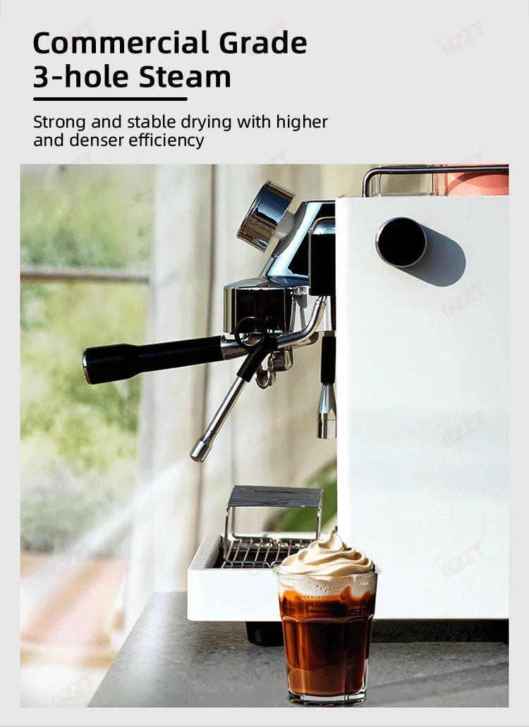GZZT white commercial espresso machine with 3-hole steam wand and portafilter, brewing coffee in a glass cup.