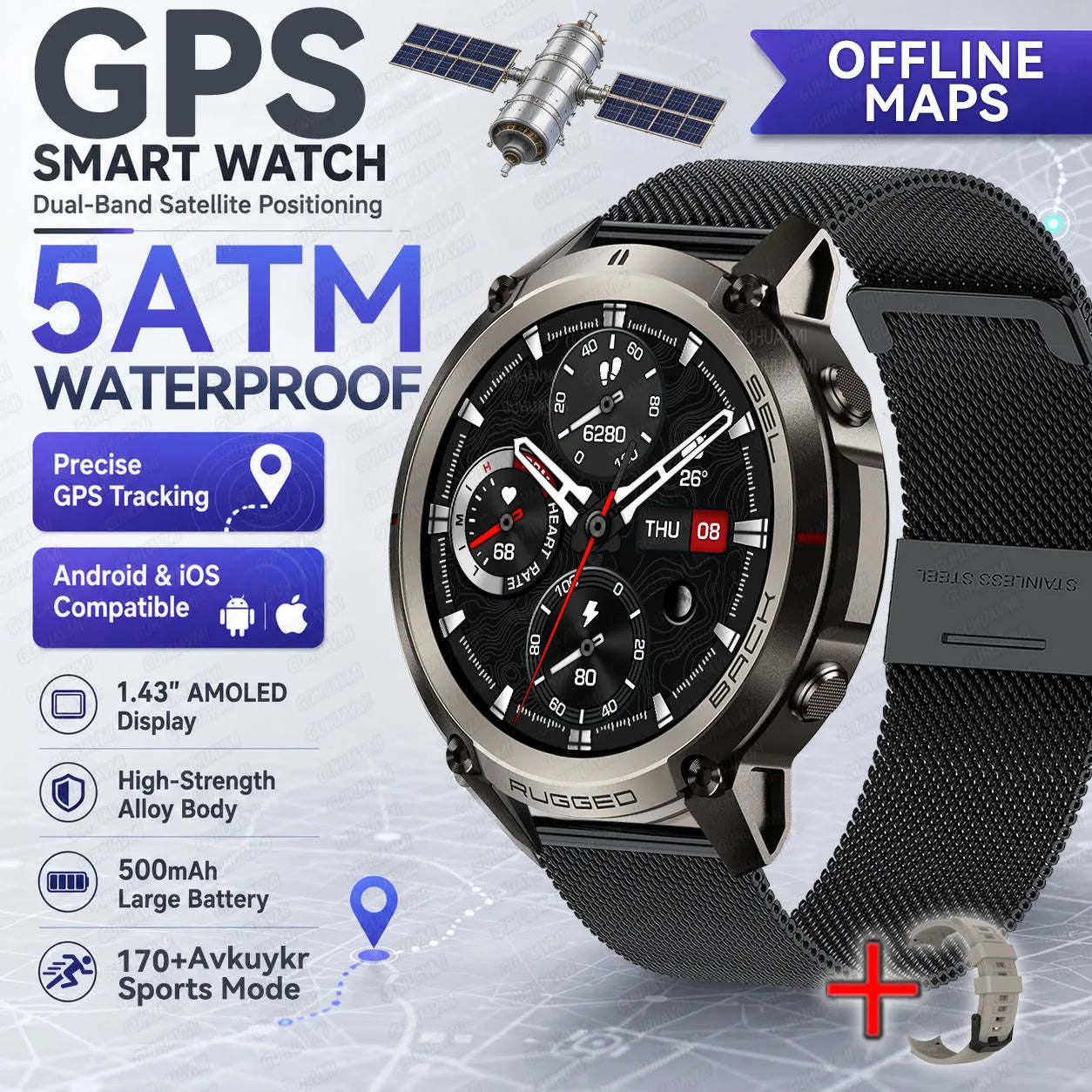New Outdoor Sport GPS Position Smart Watch Men 1.43'AMOLED 170+Sport Mode 5ATM Waterproof Heart Rate Fitness Tracker Bracelets