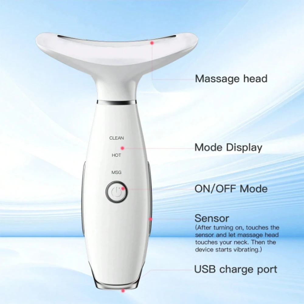 White, T-shaped neck and face beauty massager with labels pointing to its head, display modes, power button, and port.