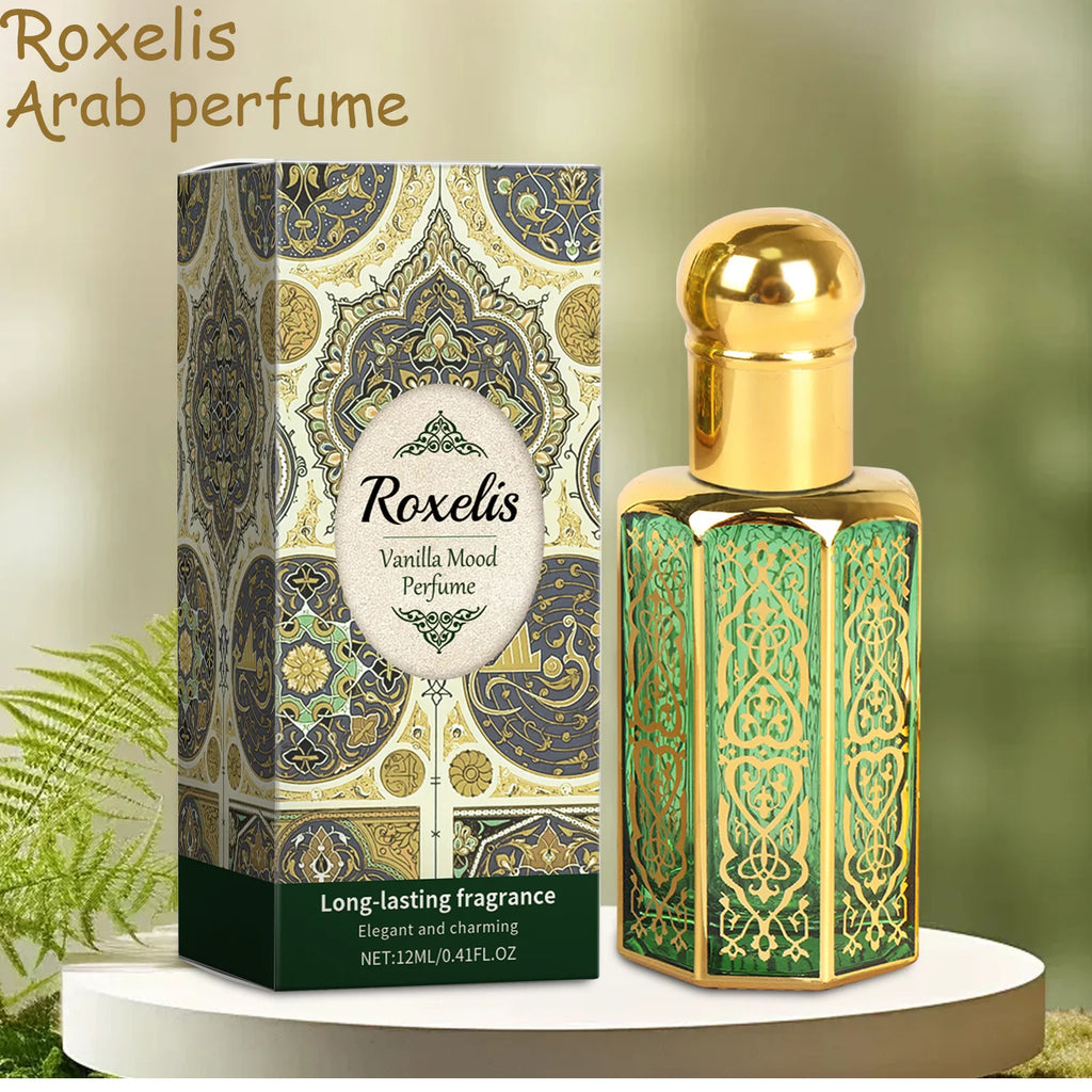 Roxelis Vanilla Arab perfume for women: elegant green hexagonal glass bottle, long-lasting oriental fragrance, 12ml.