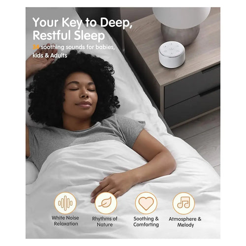 White compact sleep aid machine with top control buttons for deep, restful sleep.