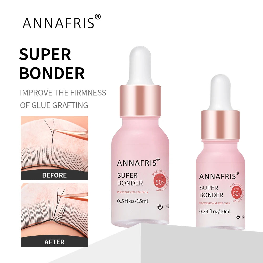 Two pink glass dropper bottles of Super Bonder eyelash glue adhesive, 15ml and 10ml, for professional lash retention.