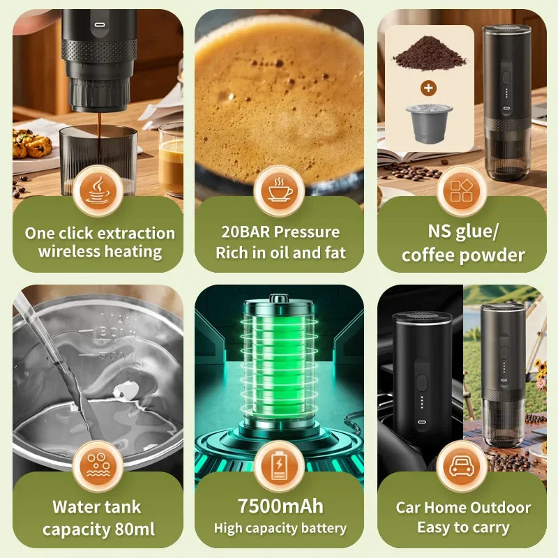 Portable black 20-bar espresso maker with 80ml tank, 7500mAh battery, compatible with coffee grounds and capsules.