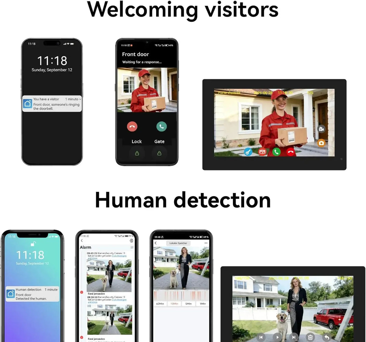 Video door intercom app interface showing welcoming visitors and human detection